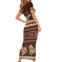 Brown Samoa Siapo Teuila Flowers Family Matching Short Sleeve Bodycon Dress and Hawaiian Shirt LT14 - Polynesian Pride