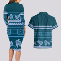 Dark Cyan Samoa Siapo Teuila Flowers Couples Matching Long Sleeve Bodycon Dress and Hawaiian Shirt LT14 - Polynesian Pride