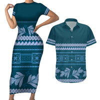 Dark Cyan Samoa Siapo Teuila Flowers Couples Matching Short Sleeve Bodycon Dress and Hawaiian Shirt LT14 Dark Cyan - Polynesian Pride