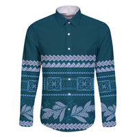 Dark Cyan Samoa Siapo Teuila Flowers Family Matching Mermaid Dress and Hawaiian Shirt LT14 Dad's Shirt - Long Sleeve Dark Cyan - Polynesian Pride