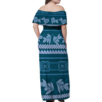 Dark Cyan Samoa Siapo Teuila Flowers Family Matching Off Shoulder Maxi Dress and Hawaiian Shirt LT14 - Polynesian Pride