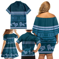 Dark Cyan Samoa Siapo Teuila Flowers Family Matching Off Shoulder Short Dress and Hawaiian Shirt LT14 - Polynesian Pride