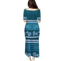 Dark Cyan Samoa Siapo Teuila Flowers Family Matching Puletasi and Hawaiian Shirt LT14 - Polynesian Pride