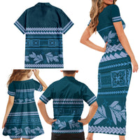 Dark Cyan Samoa Siapo Teuila Flowers Family Matching Short Sleeve Bodycon Dress and Hawaiian Shirt LT14 - Polynesian Pride