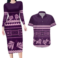 Purple Samoa Siapo Teuila Flowers Couples Matching Long Sleeve Bodycon Dress and Hawaiian Shirt LT14 Purple - Polynesian Pride