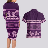 Purple Samoa Siapo Teuila Flowers Couples Matching Long Sleeve Bodycon Dress and Hawaiian Shirt LT14 - Polynesian Pride