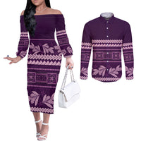 Purple Samoa Siapo Teuila Flowers Couples Matching Off The Shoulder Long Sleeve Dress and Long Sleeve Button Shirt LT14 Purple - Polynesian Pride