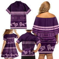 Purple Samoa Siapo Teuila Flowers Family Matching Off Shoulder Short Dress and Hawaiian Shirt LT14 - Polynesian Pride