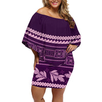Purple Samoa Siapo Teuila Flowers Family Matching Off Shoulder Short Dress and Hawaiian Shirt LT14 Mom's Dress Purple - Polynesian Pride