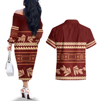 Red Samoa Siapo Teuila Flowers Couples Matching Off The Shoulder Long Sleeve Dress and Hawaiian Shirt LT14 - Polynesian Pride