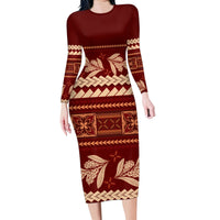 Red Samoa Siapo Teuila Flowers Family Matching Long Sleeve Bodycon Dress and Hawaiian Shirt LT14 Mom's Dress Red - Polynesian Pride