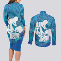 Turquoise Polynesia Father's Day Couples Matching Long Sleeve Bodycon Dress and Long Sleeve Button Shirt Dad You Are My Hero LT14 - Polynesian Pride
