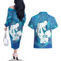 Turquoise Polynesia Father's Day Couples Matching Off The Shoulder Long Sleeve Dress and Hawaiian Shirt Dad You Are My Hero LT14 - Polynesian Pride