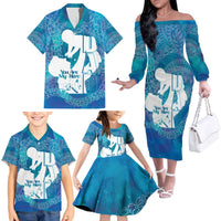 Turquoise Polynesia Father's Day Family Matching Off The Shoulder Long Sleeve Dress and Hawaiian Shirt Dad You Are My Hero LT14 - Polynesian Pride