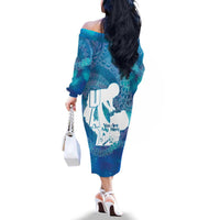 Turquoise Polynesia Father's Day Family Matching Off The Shoulder Long Sleeve Dress and Hawaiian Shirt Dad You Are My Hero LT14 - Polynesian Pride
