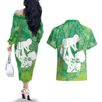 Green Polynesia Father's Day Couples Matching Off The Shoulder Long Sleeve Dress and Hawaiian Shirt Dad You Are My Hero LT14 - Polynesian Pride