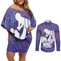 Purple Polynesia Father's Day Couples Matching Off Shoulder Short Dress and Long Sleeve Button Shirt Dad You Are My Hero LT14 Purple - Polynesian Pride