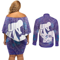 Purple Polynesia Father's Day Couples Matching Off Shoulder Short Dress and Long Sleeve Button Shirt Dad You Are My Hero LT14 - Polynesian Pride