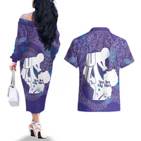 Purple Polynesia Father's Day Couples Matching Off The Shoulder Long Sleeve Dress and Hawaiian Shirt Dad You Are My Hero LT14 - Polynesian Pride