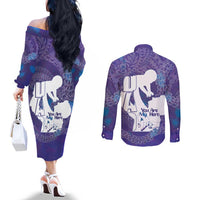 Purple Polynesia Father's Day Couples Matching Off The Shoulder Long Sleeve Dress and Long Sleeve Button Shirt Dad You Are My Hero LT14 - Polynesian Pride