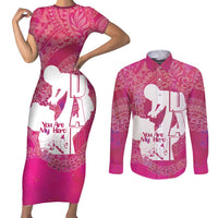 Pink Polynesia Father's Day Couples Matching Short Sleeve Bodycon Dress and Long Sleeve Button Shirt Dad You Are My Hero LT14 Pink - Polynesian Pride