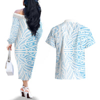 Blue New Zealand Puhoro Maori Tattoo Couples Matching Off The Shoulder Long Sleeve Dress and Hawaiian Shirt