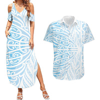 Blue New Zealand Puhoro Maori Tattoo Couples Matching Summer Maxi Dress and Hawaiian Shirt