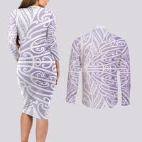 Purple New Zealand Puhoro Maori Tattoo Couples Matching Long Sleeve Bodycon Dress and Long Sleeve Button Shirt