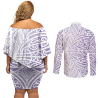 Purple New Zealand Puhoro Maori Tattoo Couples Matching Off Shoulder Short Dress and Long Sleeve Button Shirt