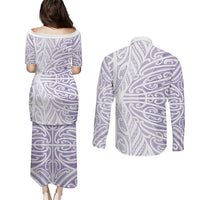 Purple New Zealand Puhoro Maori Tattoo Couples Matching Puletasi and Long Sleeve Button Shirt