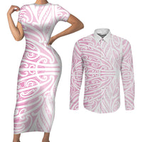 Pink New Zealand Puhoro Maori Tattoo Couples Matching Short Sleeve Bodycon Dress and Long Sleeve Button Shirt