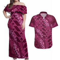 Pink Aloha Hawaii Couples Matching Off Shoulder Maxi Dress and Hawaiian Shirt Hawaiian Kakau Ohia Lehua Lei LT14 Pink - Polynesian Pride
