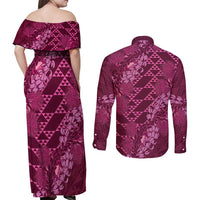 Pink Aloha Hawaii Couples Matching Off Shoulder Maxi Dress and Long Sleeve Button Shirt Hawaiian Kakau Ohia Lehua Lei LT14 - Polynesian Pride