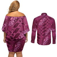 Pink Aloha Hawaii Couples Matching Off Shoulder Short Dress and Long Sleeve Button Shirt Hawaiian Kakau Ohia Lehua Lei LT14 - Polynesian Pride