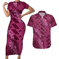 Pink Aloha Hawaii Couples Matching Short Sleeve Bodycon Dress and Hawaiian Shirt Hawaiian Kakau Ohia Lehua Lei LT14 Pink - Polynesian Pride