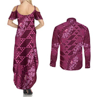 Pink Aloha Hawaii Couples Matching Summer Maxi Dress and Long Sleeve Button Shirt Hawaiian Kakau Ohia Lehua Lei LT14 - Polynesian Pride