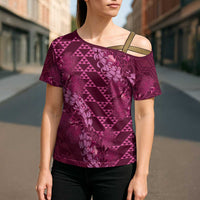 Pink Aloha Hawaii Cross Shoulder Shirt Hawaiian Kakau Ohia Lehua Lei - Polynesian Pride