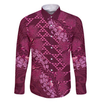 Pink Aloha Hawaii Family Matching Off The Shoulder Long Sleeve Dress and Hawaiian Shirt Hawaiian Kakau Ohia Lehua Lei LT14 Dad's Shirt - Long Sleeve Pink - Polynesian Pride