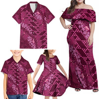 Pink Aloha Hawaii Family Matching Off Shoulder Maxi Dress and Hawaiian Shirt Hawaiian Kakau Ohia Lehua Lei LT14 - Polynesian Pride