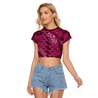 Pink Aloha Hawaii Raglan Cropped T Shirt Hawaiian Kakau Ohia Lehua Lei LT14 Female Pink - Polynesian Pride