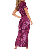 Pink Aloha Hawaii Short Sleeve Bodycon Dress Hawaiian Kakau Ohia Lehua Lei LT14 - Polynesian Pride