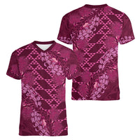 Pink Aloha Hawaii Women V-Neck T-Shirt Hawaiian Kakau Ohia Lehua Lei LT14 - Polynesian Pride
