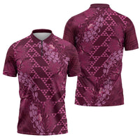 Pink Aloha Hawaii Zipper Polo Shirt Hawaiian Kakau Ohia Lehua Lei LT14 - Polynesian Pride