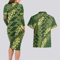 Green Aloha Hawaii Couples Matching Long Sleeve Bodycon Dress and Hawaiian Shirt Hawaiian Kakau Ohia Lehua Lei LT14 - Polynesian Pride