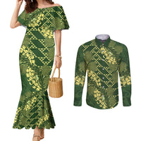 Green Aloha Hawaii Couples Matching Mermaid Dress and Long Sleeve Button Shirt Hawaiian Kakau Ohia Lehua Lei LT14 Green - Polynesian Pride