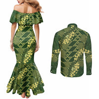 Green Aloha Hawaii Couples Matching Mermaid Dress and Long Sleeve Button Shirt Hawaiian Kakau Ohia Lehua Lei LT14 - Polynesian Pride