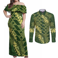 Green Aloha Hawaii Couples Matching Off Shoulder Maxi Dress and Long Sleeve Button Shirt Hawaiian Kakau Ohia Lehua Lei LT14 Green - Polynesian Pride