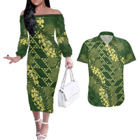 Green Aloha Hawaii Couples Matching Off The Shoulder Long Sleeve Dress and Hawaiian Shirt Hawaiian Kakau Ohia Lehua Lei LT14 Green - Polynesian Pride