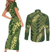 Green Aloha Hawaii Couples Matching Short Sleeve Bodycon Dress and Long Sleeve Button Shirt Hawaiian Kakau Ohia Lehua Lei LT14 - Polynesian Pride