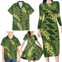 Green Aloha Hawaii Family Matching Long Sleeve Bodycon Dress and Hawaiian Shirt Hawaiian Kakau Ohia Lehua Lei LT14 - Polynesian Pride